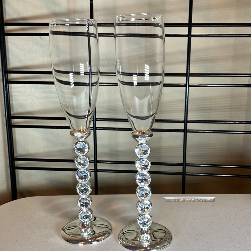EUC Silver His & Hers Toasting Glasses, Tall With Bling